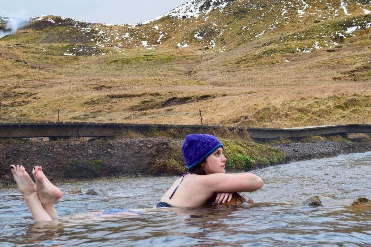 soaking in Reykjadalur Valley hot springs