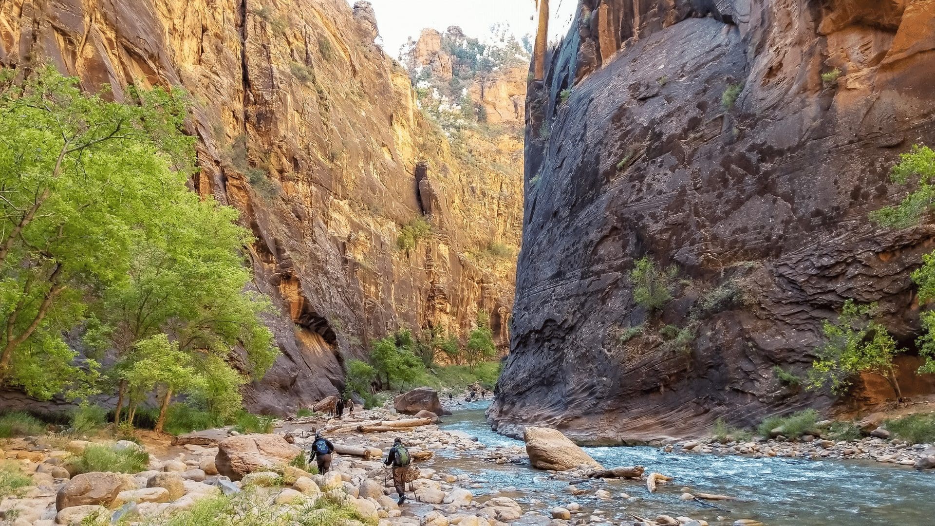 Backpacking near a river during a weekend hiking and glamping in Zion National Park.