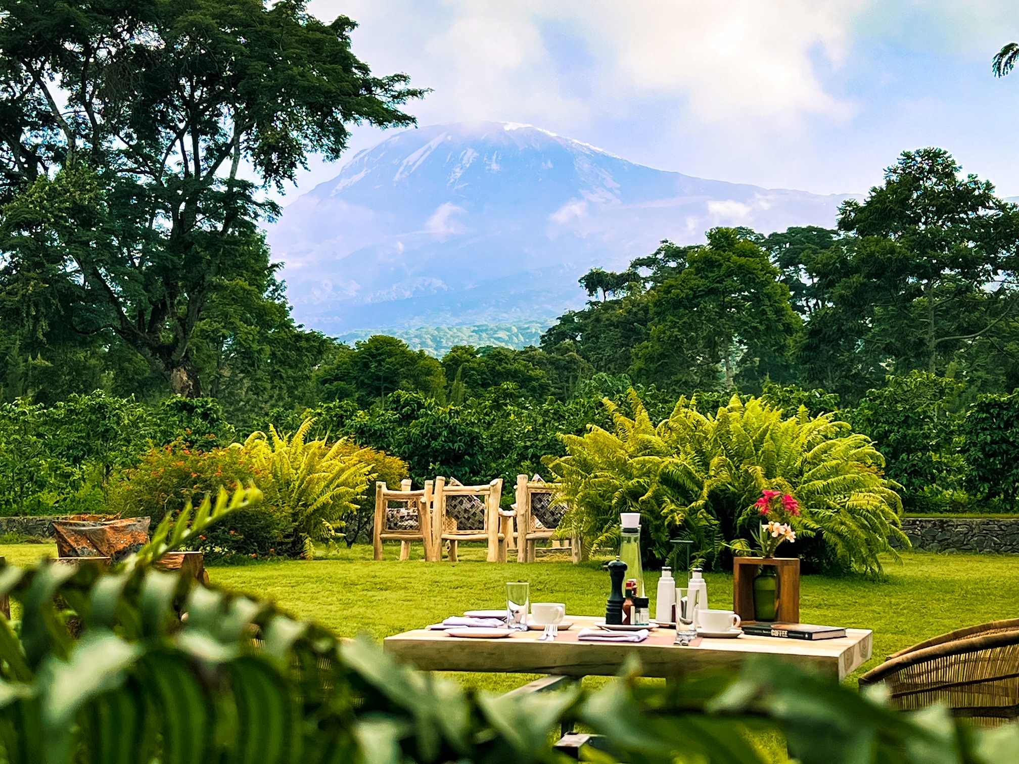 Breakfast table set in a lush garden overlooking Mount Kilimanjaro at Kilimanjaro Coffee Lodge in Tanzania, offering guests mountain views, fresh meals, and a serene pre- and post-trek retreat.