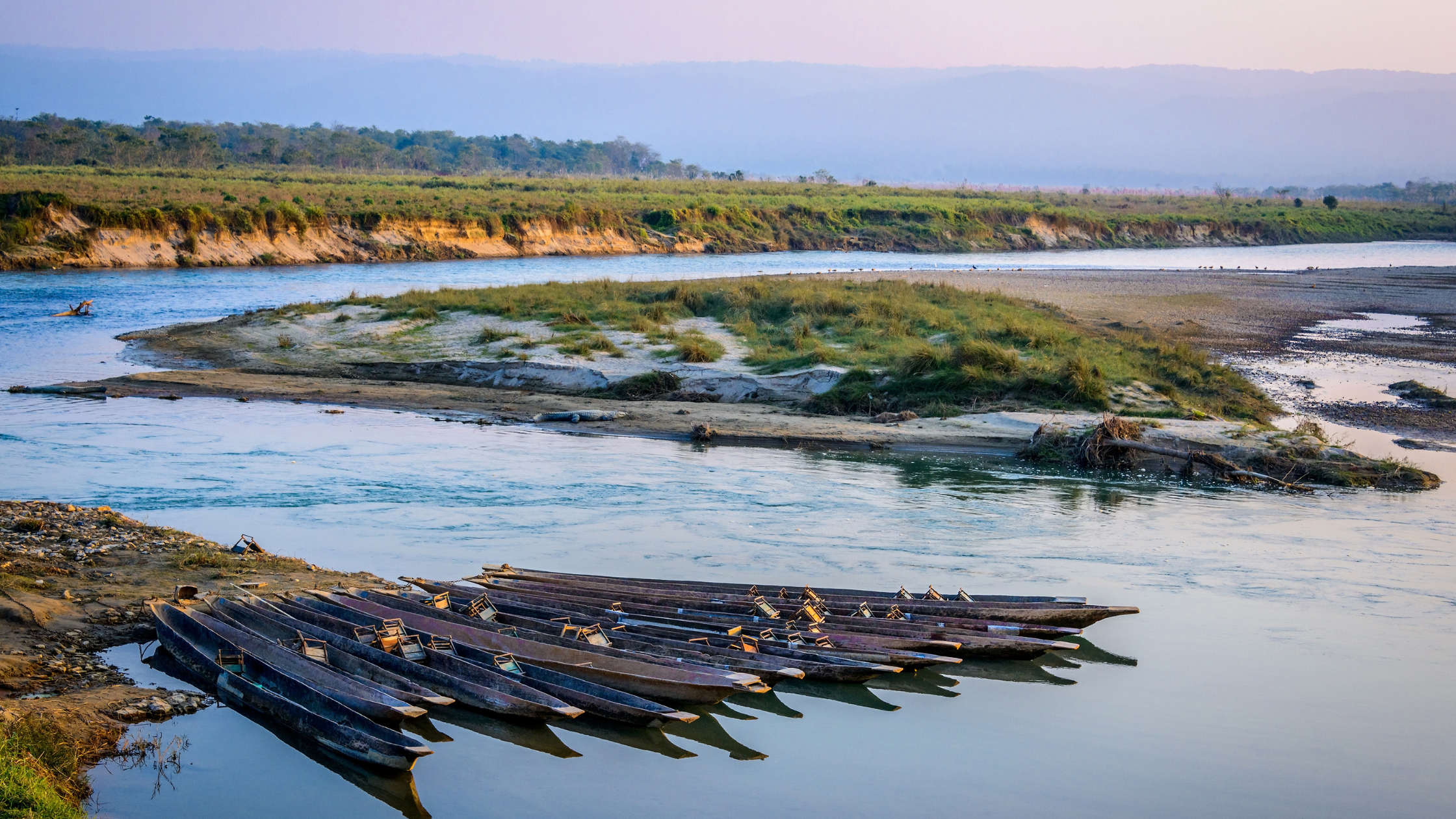 A row of traditional wooden canoes lined up on the Rapti River at sunset in Chitwan National Park, Nepal.